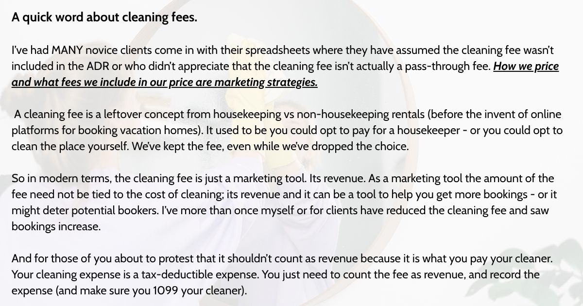 text heavy piece about short-term rental cleaning fees with a person cleaning in the background